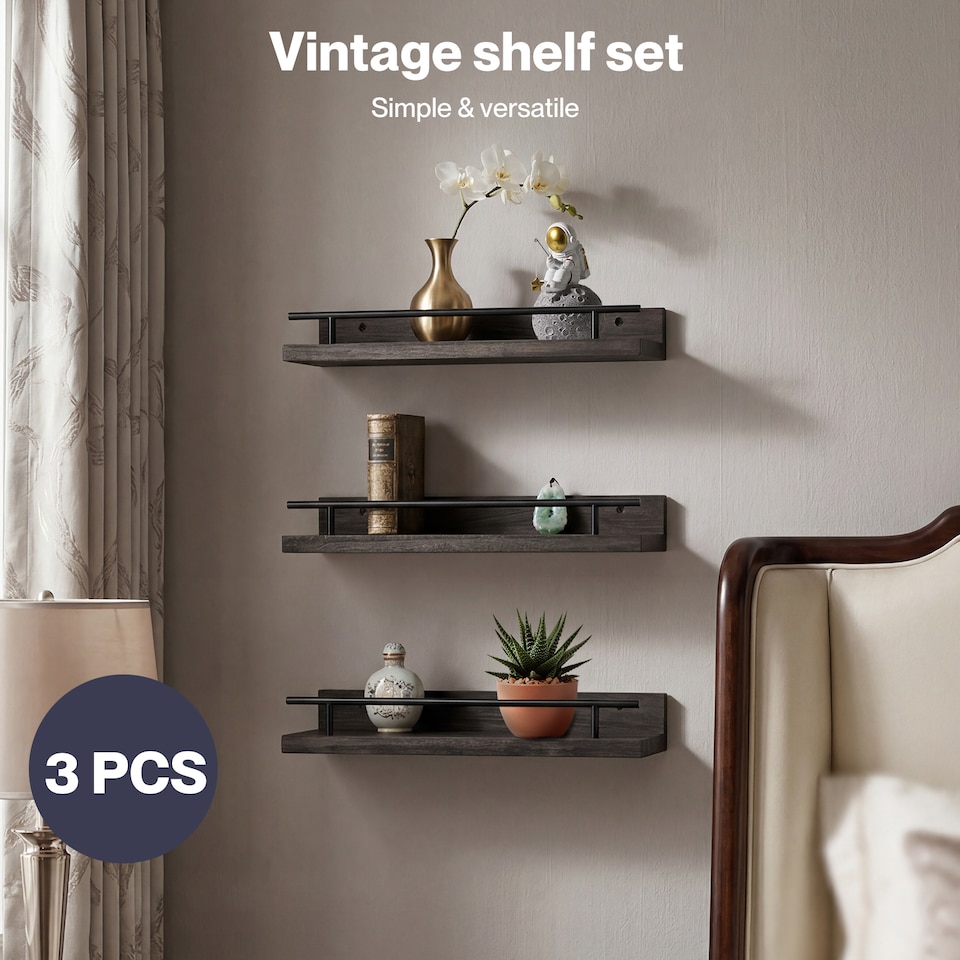 image 1 of Levede Floating Shelves Set of 3 Wooden Wall Mounted Shelves Storage Black