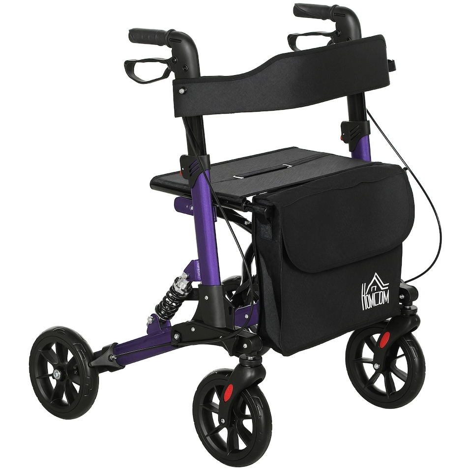 image 1 of HOMCOM Folding Rollator Walker with Seat, Backrest, Bag, 4 Wheels, Purple