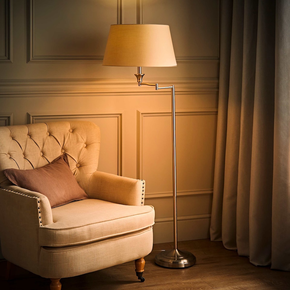 image 1 of ValueLights Sinatra Brushed Chrome Floor Lamp Beige Taper Shade and Bulb