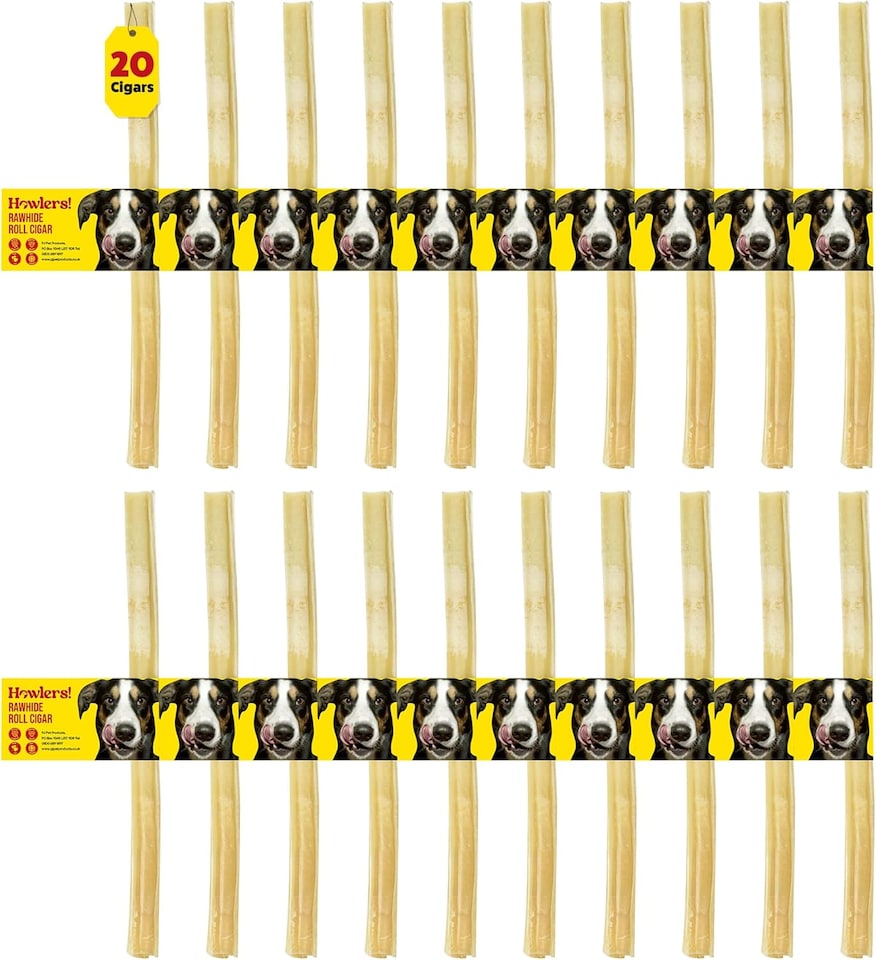 image 1 of Howlers 20 x  Natural Dog Rawhide Rolls Sticks Chews Treat Extra Long 25 cm