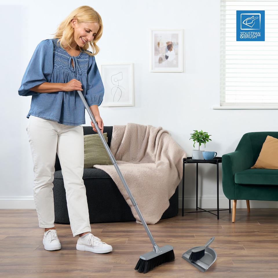 image 1 of Indoor Soft Sweeping Broom and Dustpan Set Long Handle Floor Brush for Wood and Tile