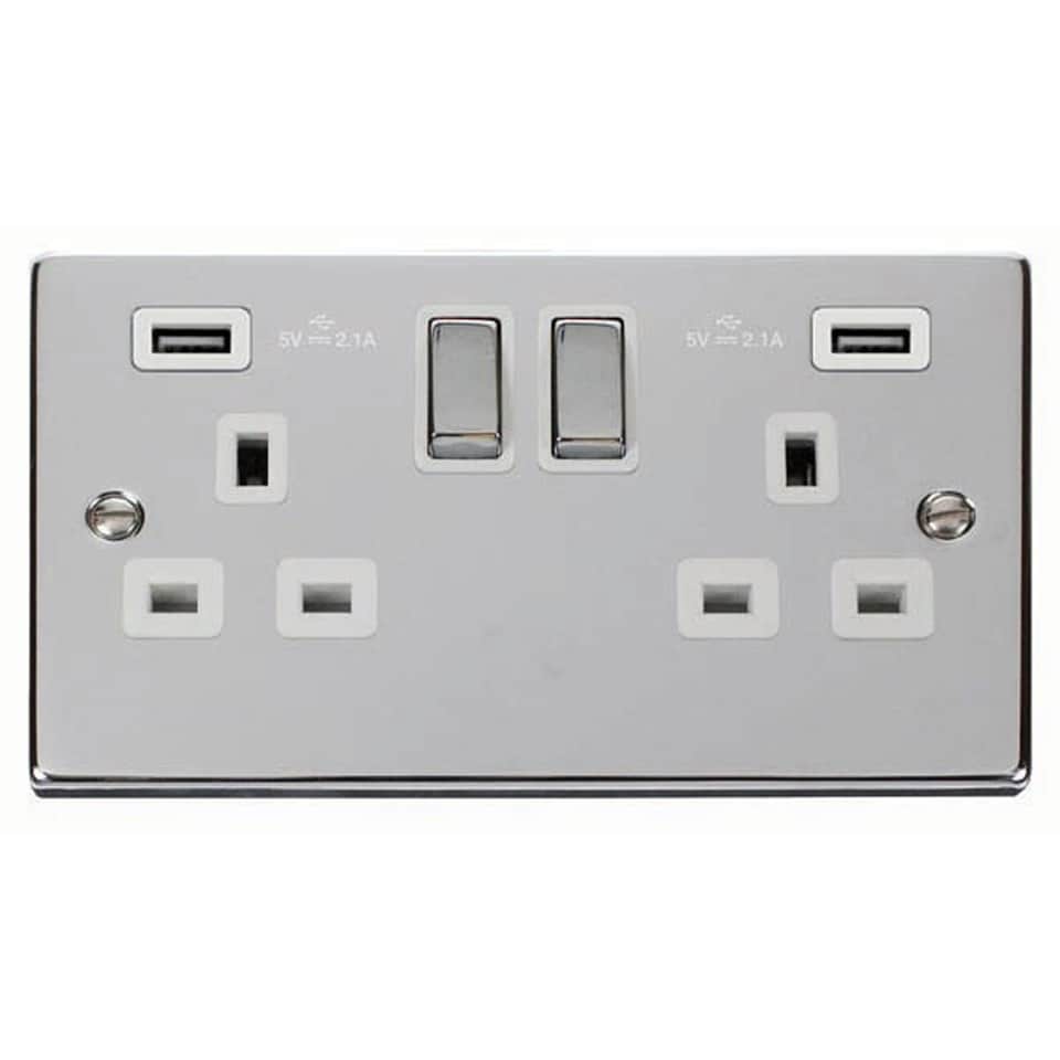 SE HOME Polished Chrome 2 Gang 13A DP Ingot 2 USB Twin Double Switched Plug Socket | Chrome | Polished Chrome