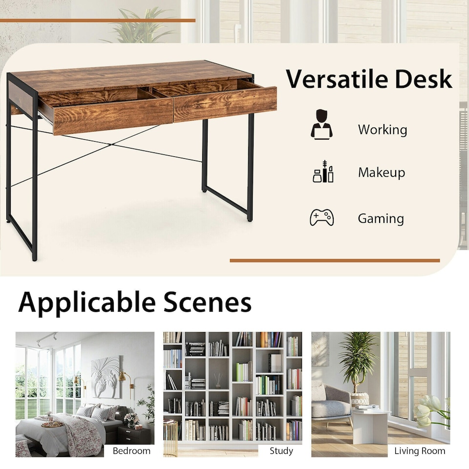 image 1 of COSTWAY Computer Desk Wooden Writing Workstation Coffee Brown