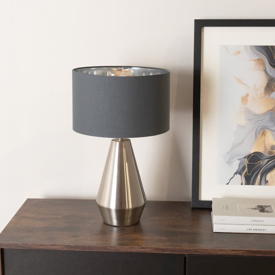 image 1 of ValueLights Jax Brushed Chrome Touch Table Lamp Charcoal Chrome Shade