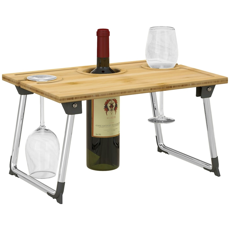 image 1 of HOMCOM Foldable Wine Table, Bamboo Picnic Table with Bottle Holder, Glass Holder Yellow | Natural