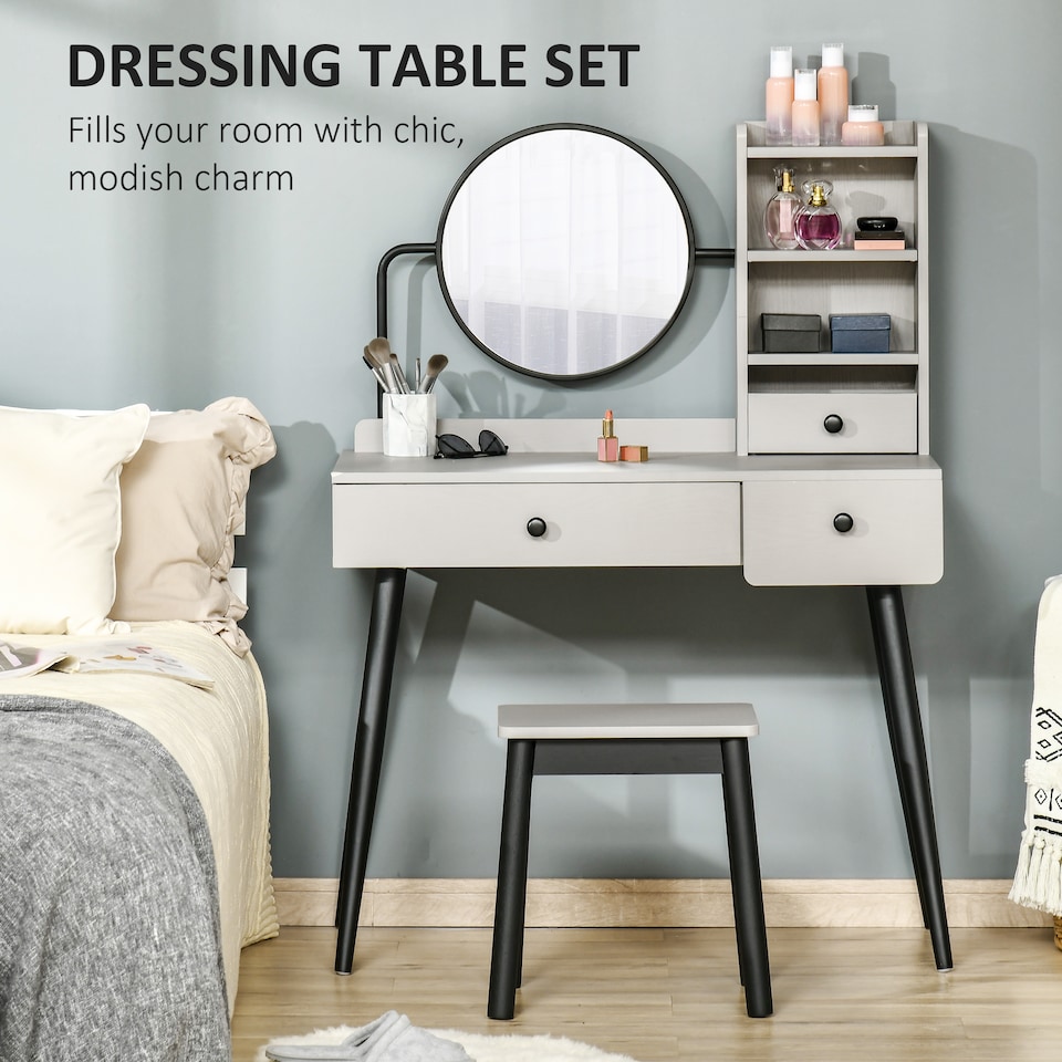 image 1 of HOMCOM Dressing Table Set with Mirror and Stool, Vanity Makeup Table with 3 Drawers and Open Shelves for Bedroom, Living Room, Grey