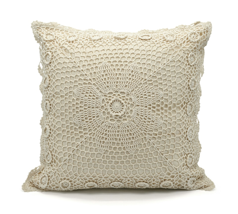 image 1 of Floral Crochet Detail Cushion - 45cm x 45cm | Cream | Layla
