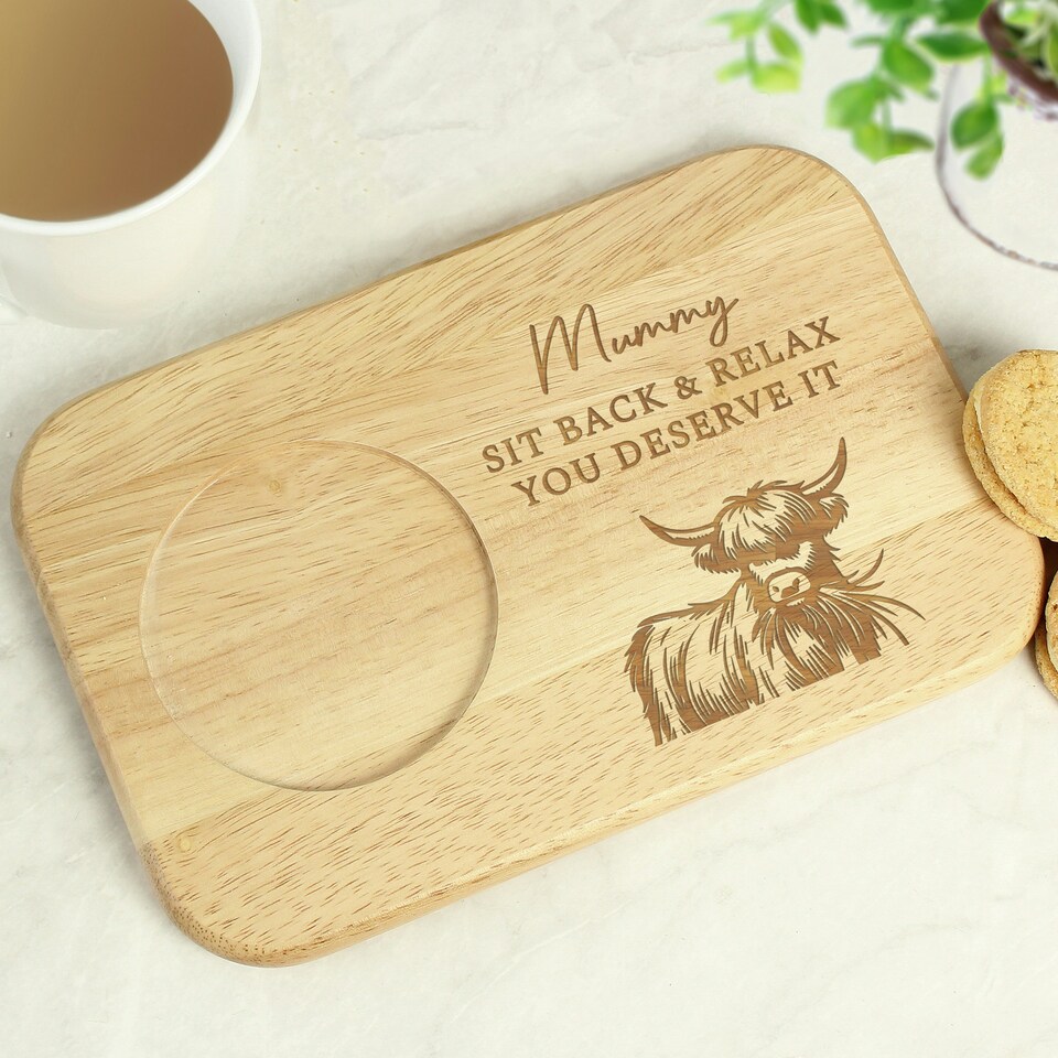 image 1 of Personalised Highland Cow Wooden Coaster Tray