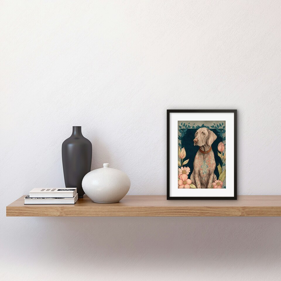 image 1 of Grey Weimaraner Dog Ornate Pattern Flowers Art Nouveau 9x7" Black Framed Wall Art Print