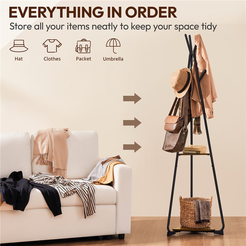 image 1 of Yaheetech Industrial Freestanding Coat Rack with 2 Shelves and 6 Hooks | Brown | Rustic Brown | One Size