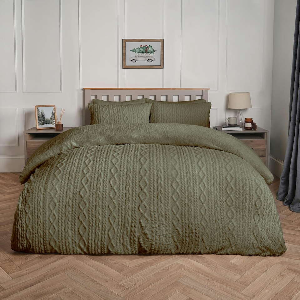 image 1 of OHS Ultra Soft Cable Knit Sherpa Fleece Duvet Set Green | Woodland Green | King