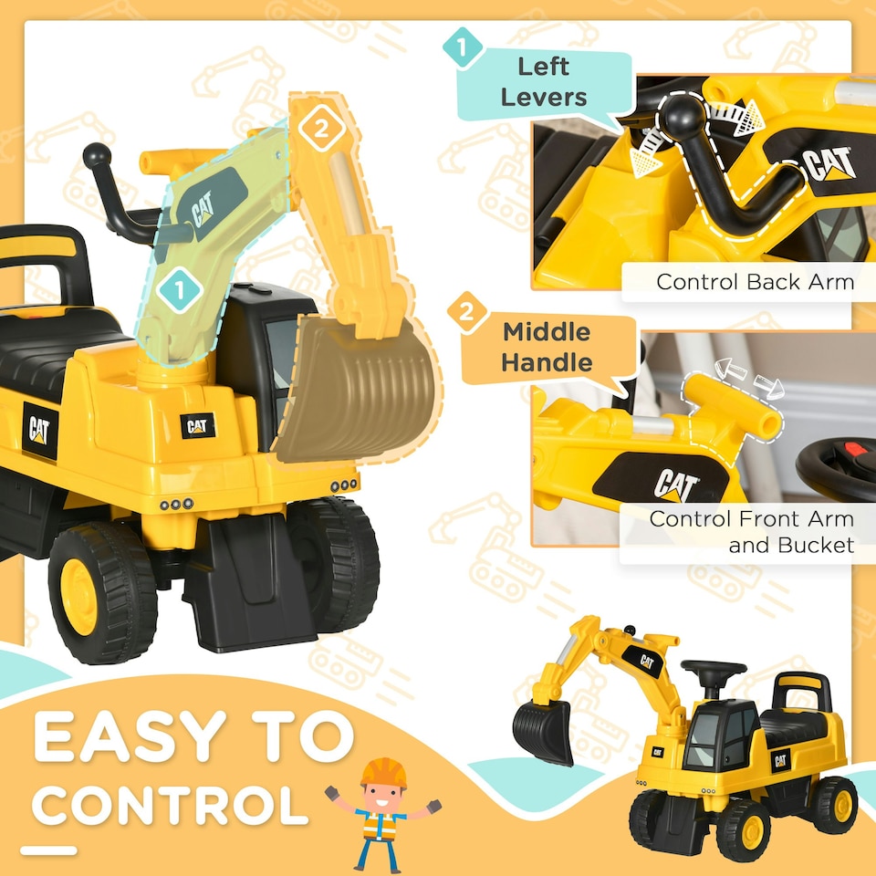 image 1 of HOMCOM CAT Licensed Kids Construction Ride-On Digger w/ Shovel, for 1-3 Years