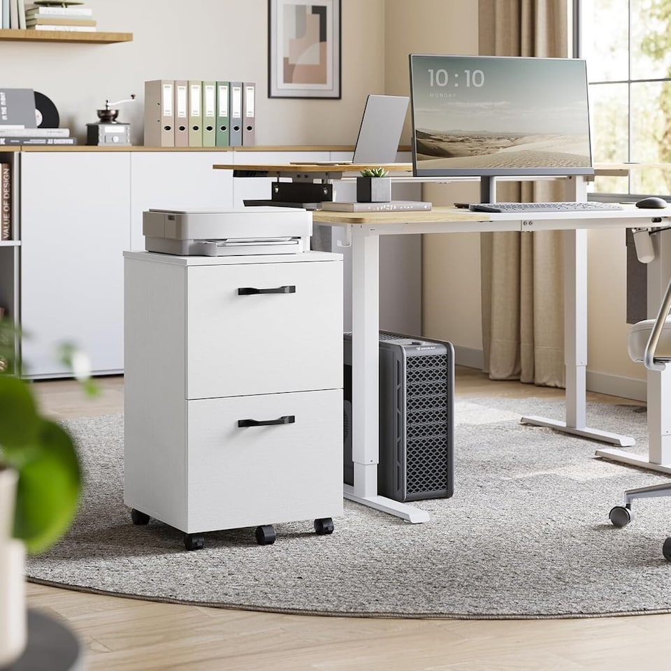 image 1 of Two-Drawer Mobile File Cabinet with Wheels, Compact Printer Stand Storage, White