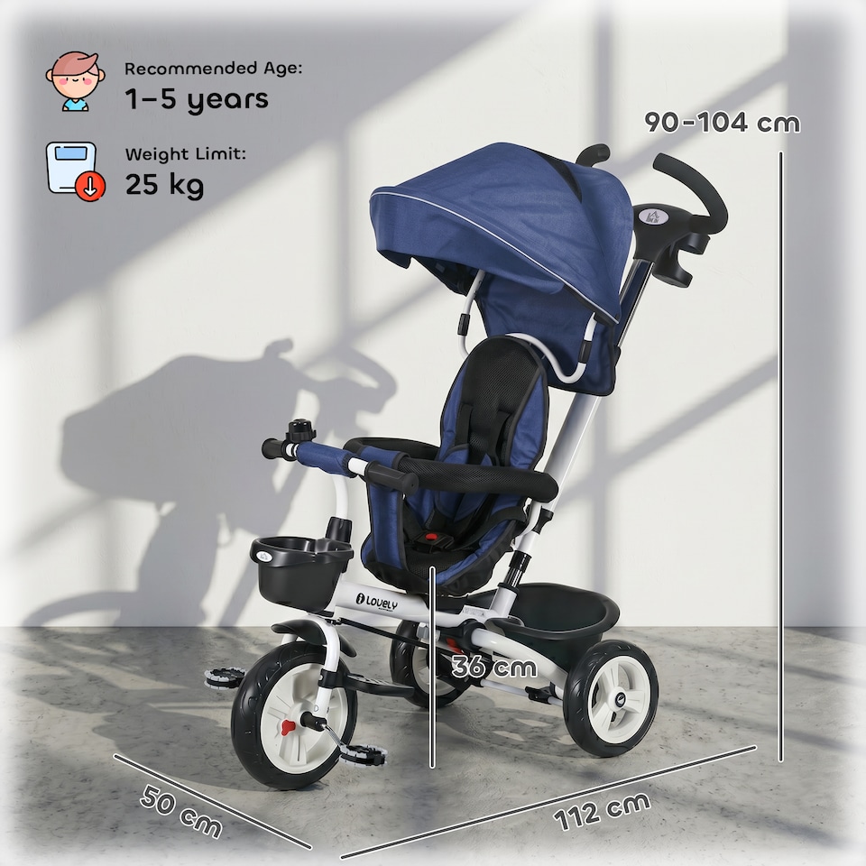image 1 of HOMCOM 6 in 1 Trike for Toddler 1-5 Years with Parent Handle, Dark Blue | Blue | Blue