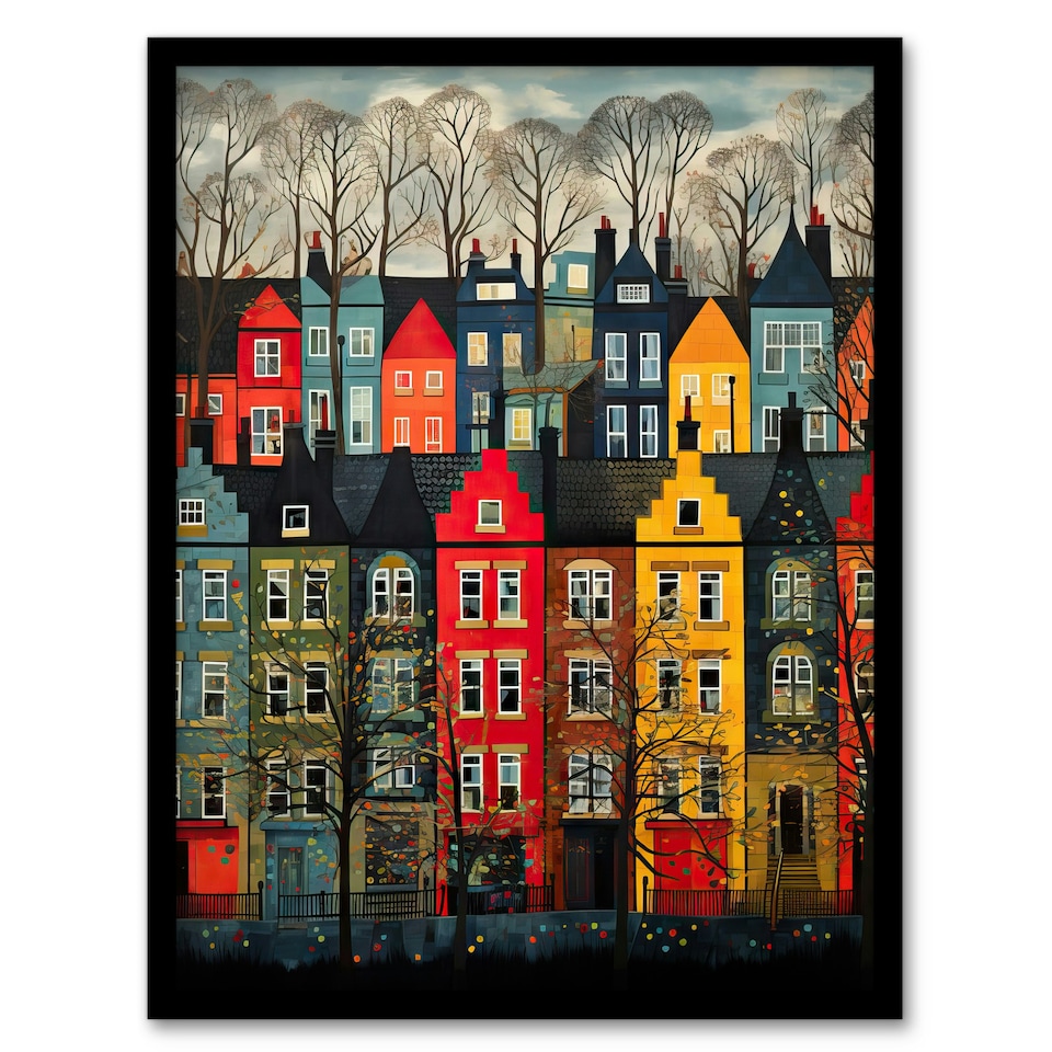 image 1 of Townhouse Row Bright Coloured Streets City Black Framed Wall Art Print A4