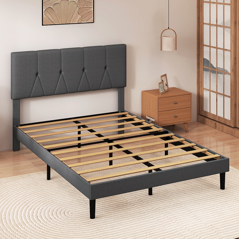 image 1 of Levede Double Bed Frame Upholstered Linen Fabric Wooden Slats with Headboard | Grey | Double | Double