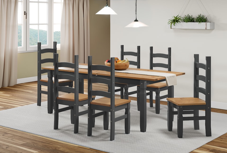image 1 of Corona Charcoal Large Extending Table & 6 Chairs Set Solid Wood Mexican Pine Wooden Large Long Kitchen Dark Grey