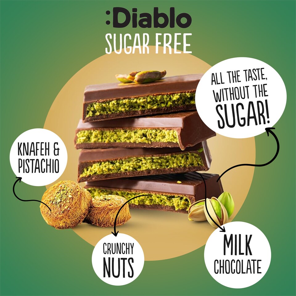 image 1 of Diablo No Added Sugar Dubai Chocolate Bar 200g Twin Pack