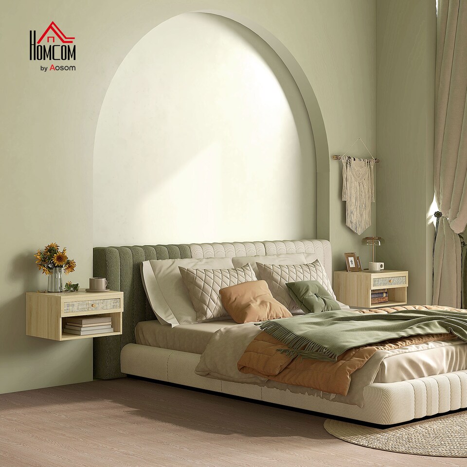 image 1 of HOMCOM Floating Bedside Tables, Nordic Nightstands Set of 2 with Rattan Drawer and Open Shelf for Bedroom, Nature Wood Finish