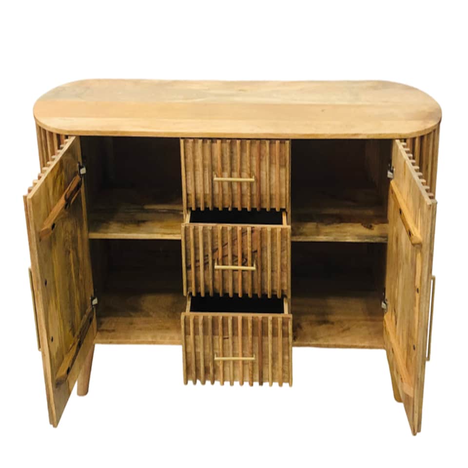 image 1 of Slated 2 Door 3 Drawer Sideboard - Mango Wood - L45 x W164 x H80 cm - Light Finish - Assembly Required | Brown