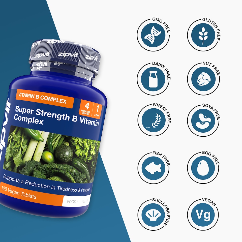 image 1 of Zipvit Super Strength B Complex, Energy, Immunity & Mental Performance Support, 120 Vegan Tablets, 4-Month Supply