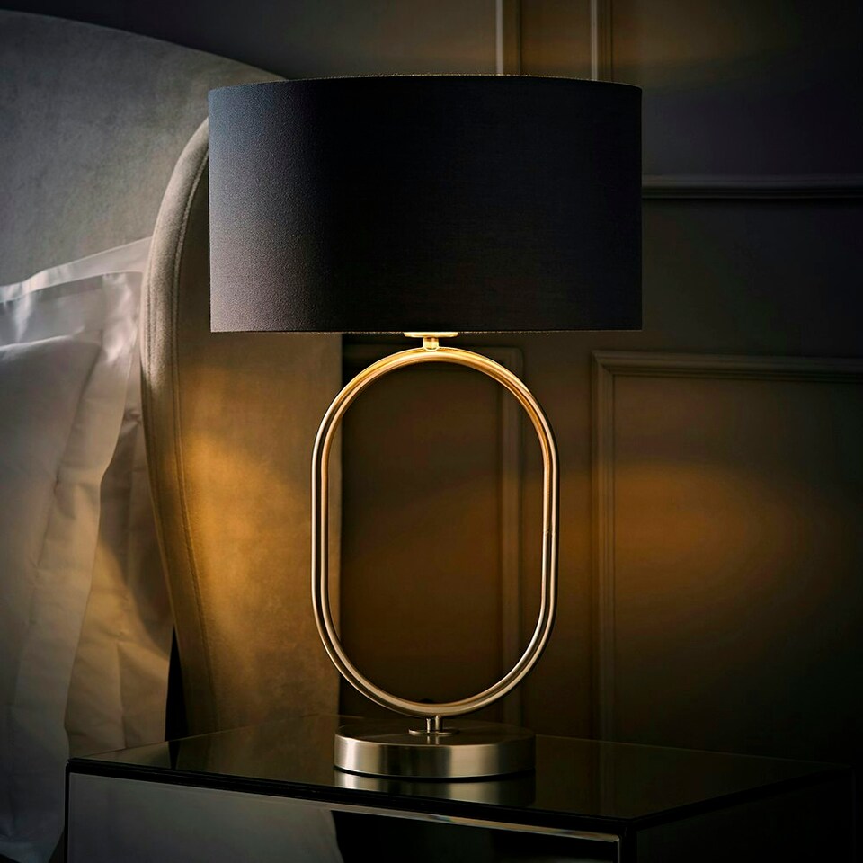 image 1 of ValueLights Antonia Charcoal with Chrome Inner Drum Shade Brushed Chrome Oval Table Lamp Silver