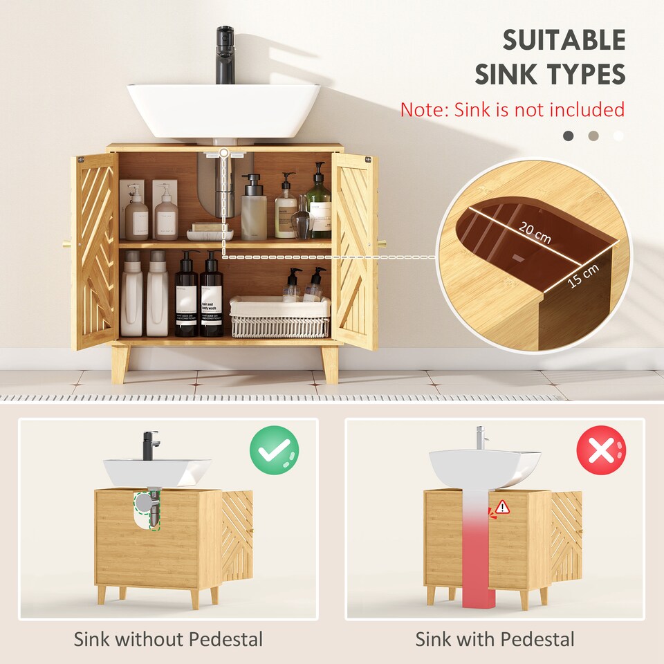 image 1 of HOMCOM Under Sink Bathroom Cabinet, Bamboo Freestanding Under Sink Cabinet with Adjustable Shelf and Slat Doors for Basin without Pedestal, Natural