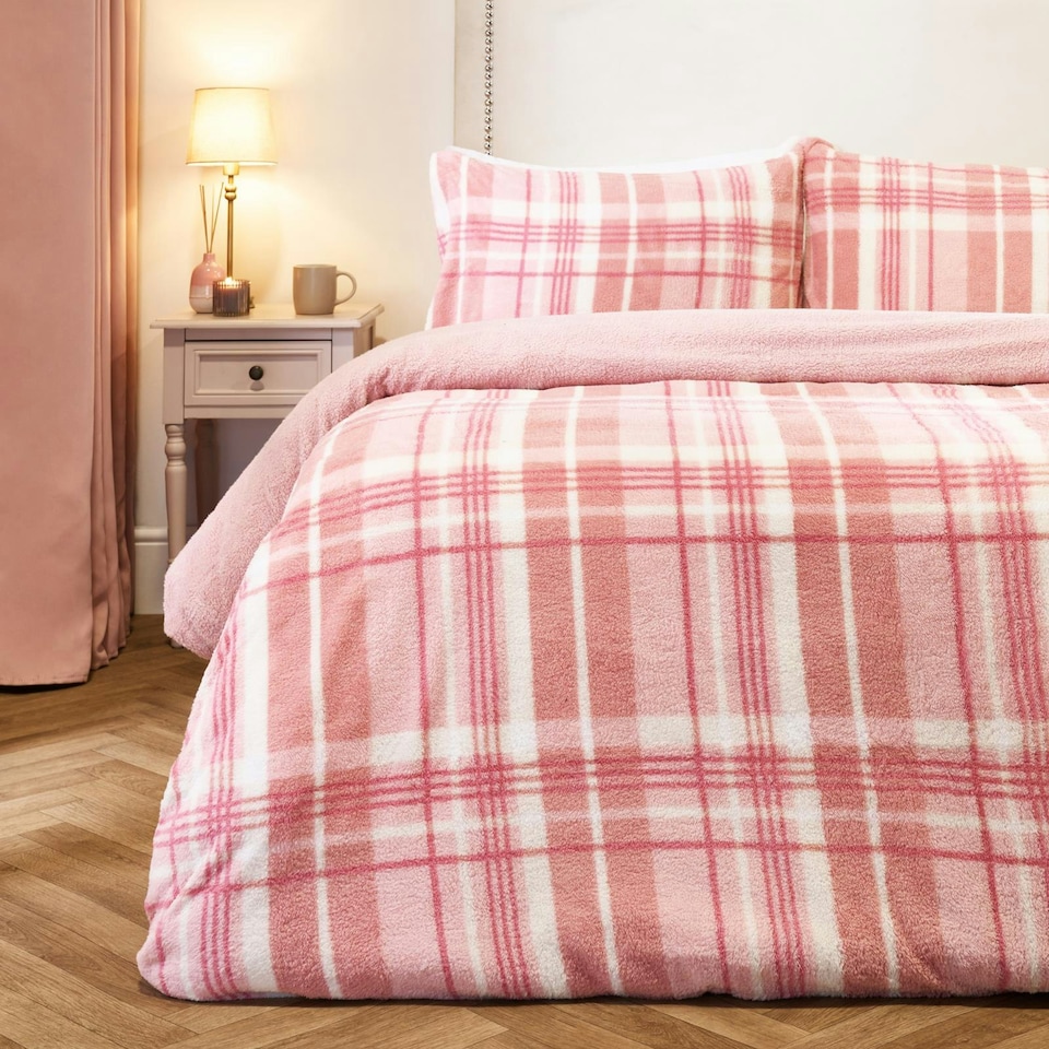 image 1 of OHS Ultra Soft Tartan Check Teddy Duvet Cover Set Blue | Navy | Double