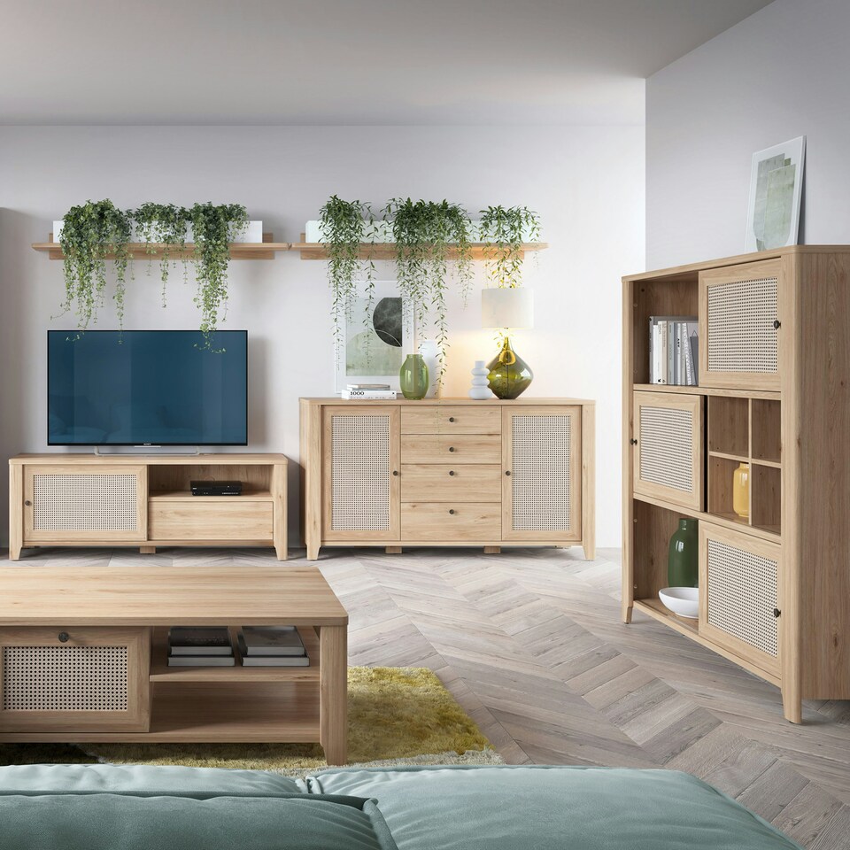 image 1 of Cestino 3 Sliding Door Cabinet in Jackson Hickory Oak and Rattan Effect