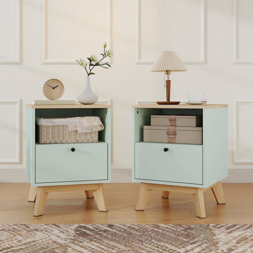 image 1 of HOMCOM Modern Nightstand Set of 2, Bedside Table with Drawer and Open Shelf