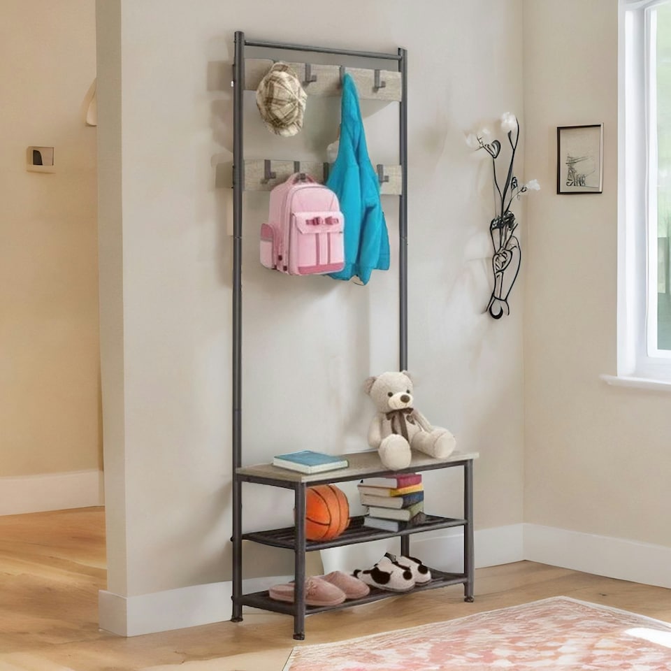 image 1 of Hall Tree Coat Stand With Shoe Storage and Hooks Brown One Size