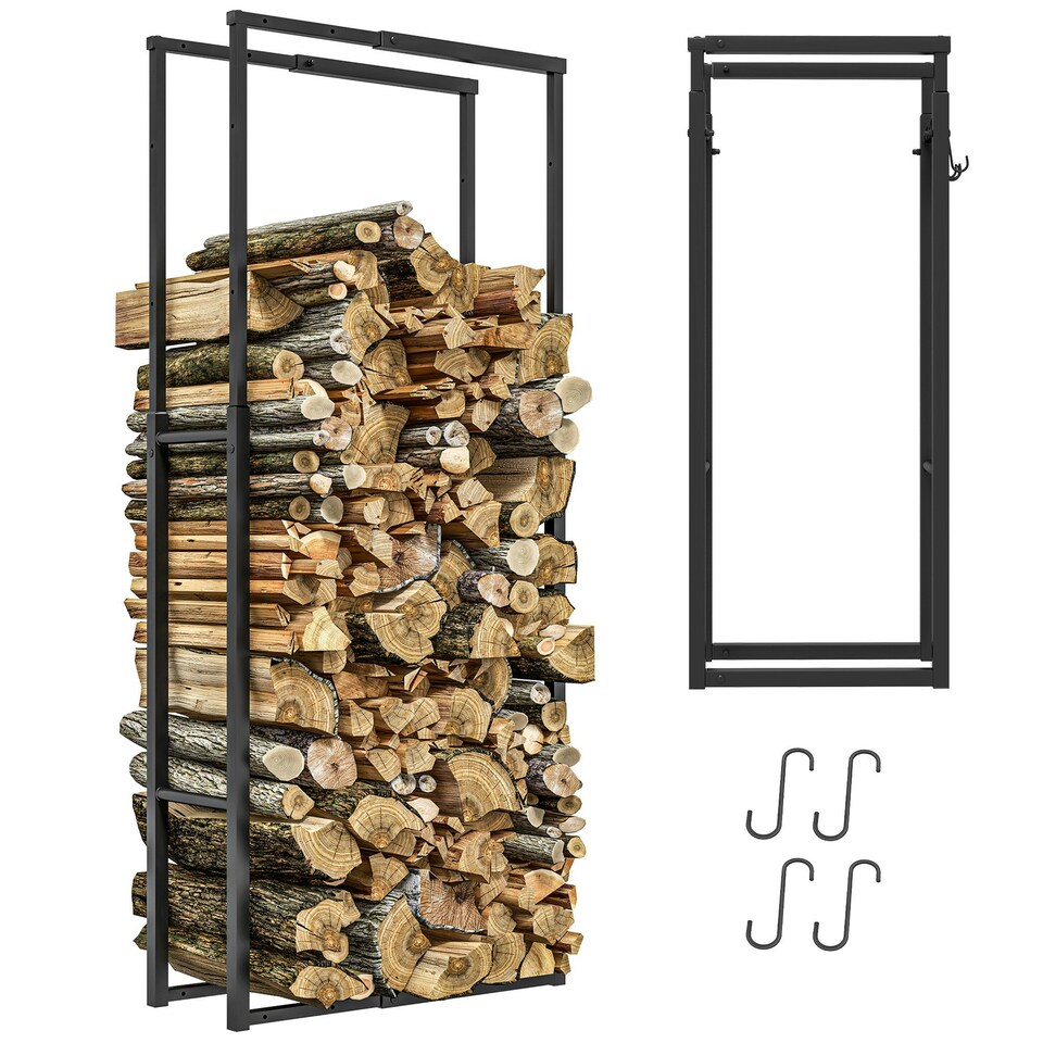 image 1 of Outsunny 100-150cm Retractable Metal Firewood Log Holder Rack with Hooks