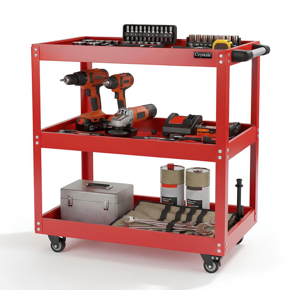 image 1 of Tool Storage Heavy Duty Garage Trolley Workshop 3 Tier Wheel Cart DIY Red