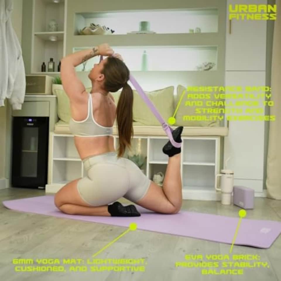 image 1 of Urban Fitness Yoga Kit, Non-Slip Mat, 6 mm Cushioning, Eva Yoga Brick, Resistance Band Strap, Complete Training Mobility Set For Strength, Balance, Flexibility, Purple