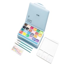 HIMI Jelly Cup Gouache Set 24 Paint Colours, 3 Brushes, Paint Pallete, Ice Blue Case, Add Water To Reactivate, Smooth, Rich Colours, Gift, Artist Art Supplies, Large Scale Art Work To Fine Details