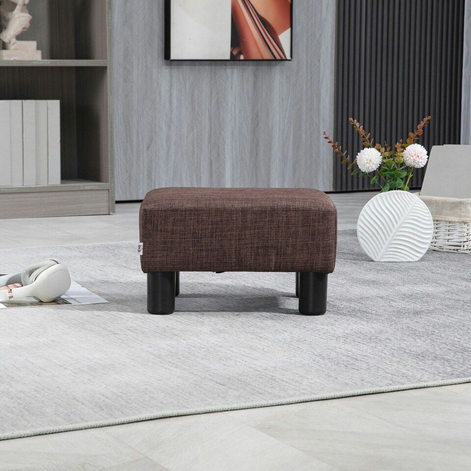 image 1 of HOMCOM Chic Linen Fabric Footstool Ottoman Cube with 4 Plastic Legs Brown