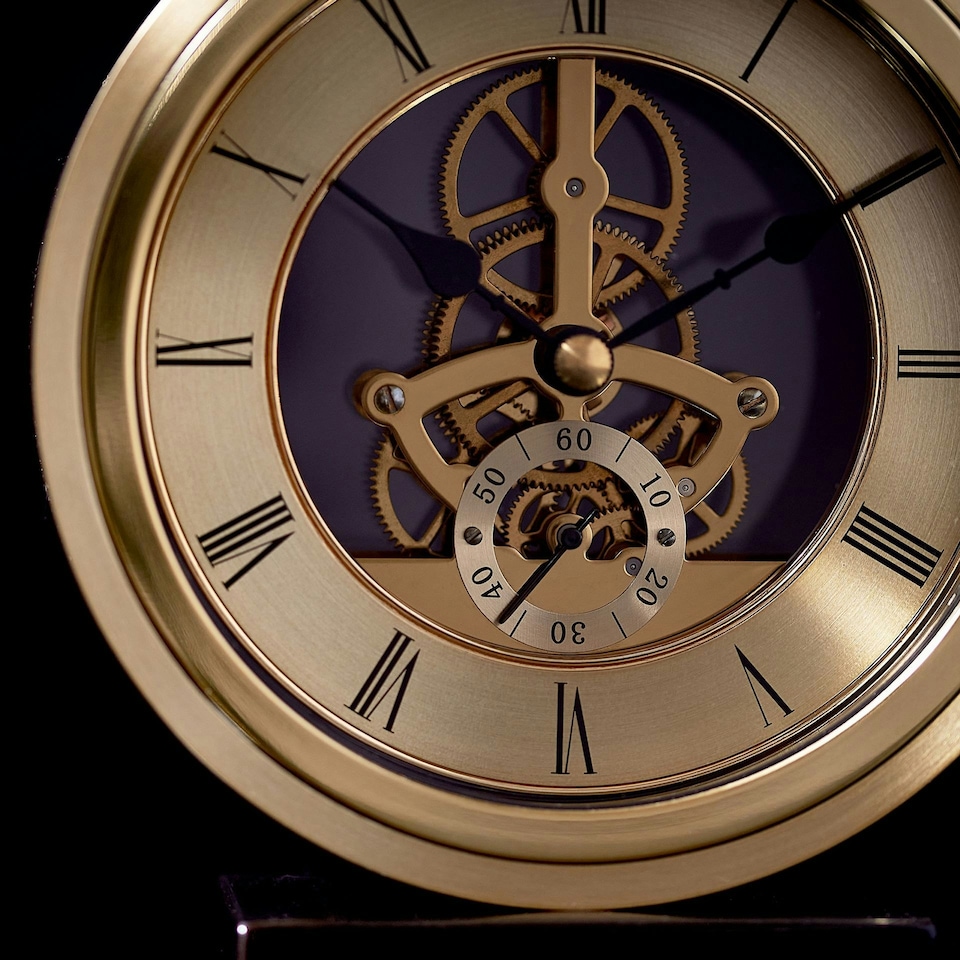 image 1 of Wm.Widdop Round Skeleton Clock on Base Gold