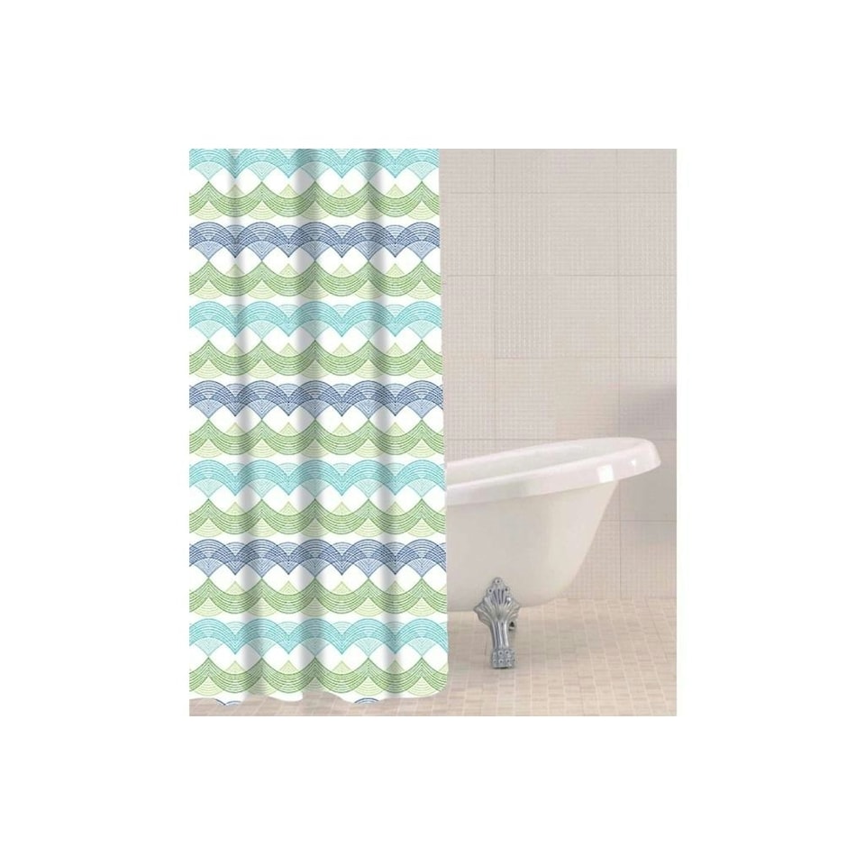 image 1 of Sabichi Wave Print Shower Curtain And Plastic Hooks - Green/Blue/White - 180 x 180cm