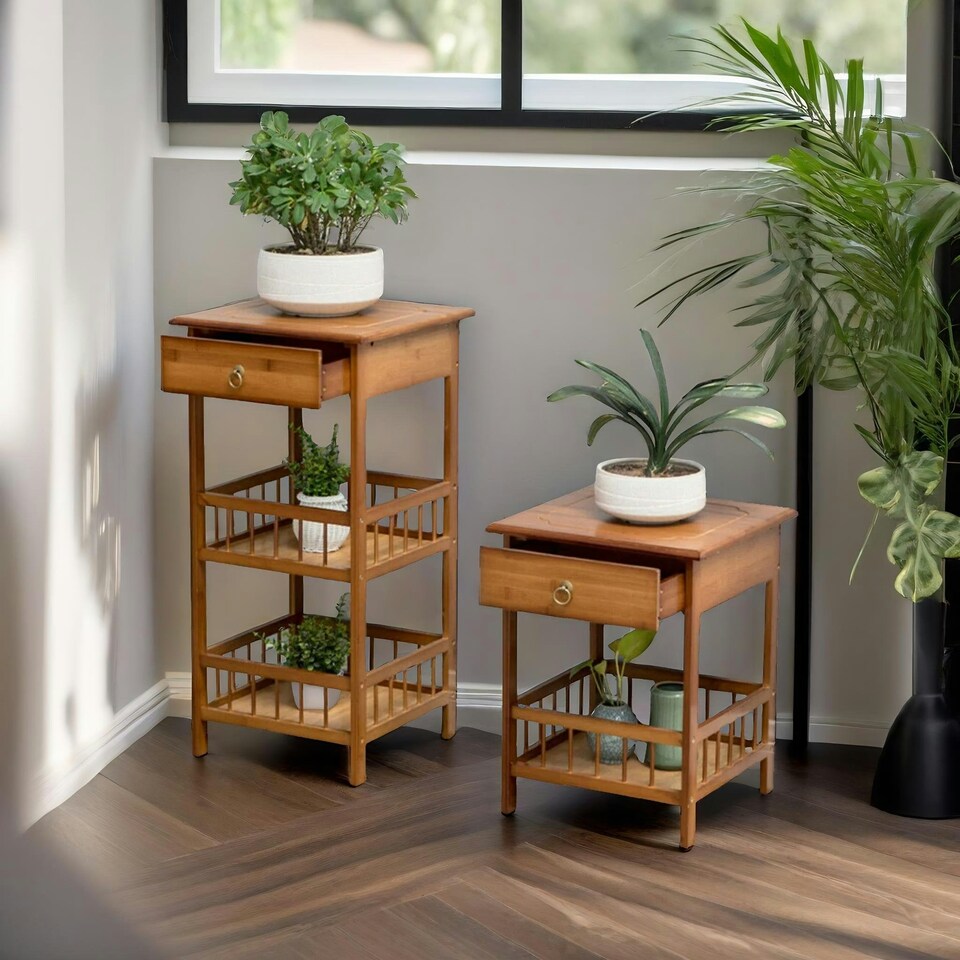 image 1 of 3 Tier Wooden Tall Side Table With Drawer Brown