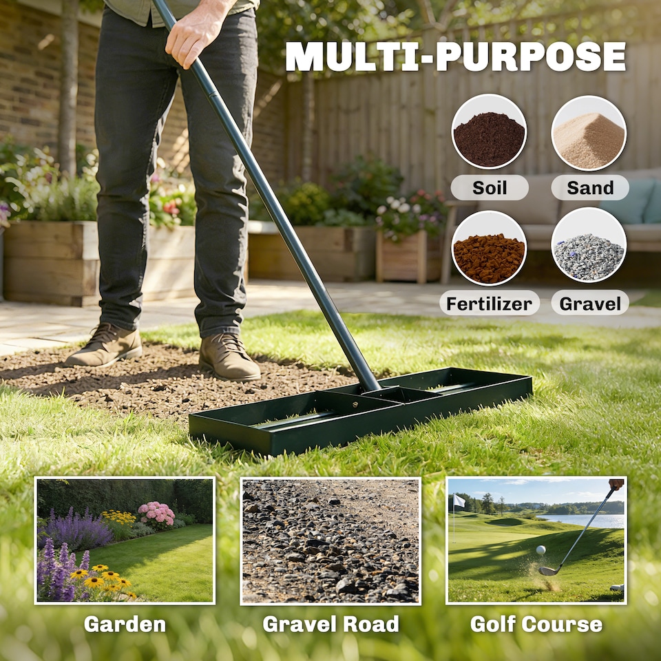image 1 of Outsunny 76 x 26 cm Lawn Levelling Rake with 169 cm Handle | Green | Green | 76L x 26W x 177H cm