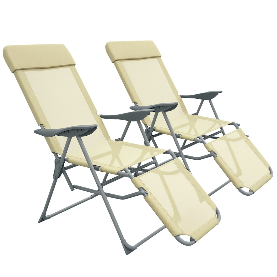 image 1 of Outsunny Reclining Garden Chairs Set of 2 w/ 5-level Adjustable Backrest, Beige