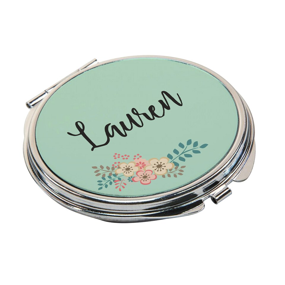 image 1 of Personalised Green Floral Compact Mirror Silver