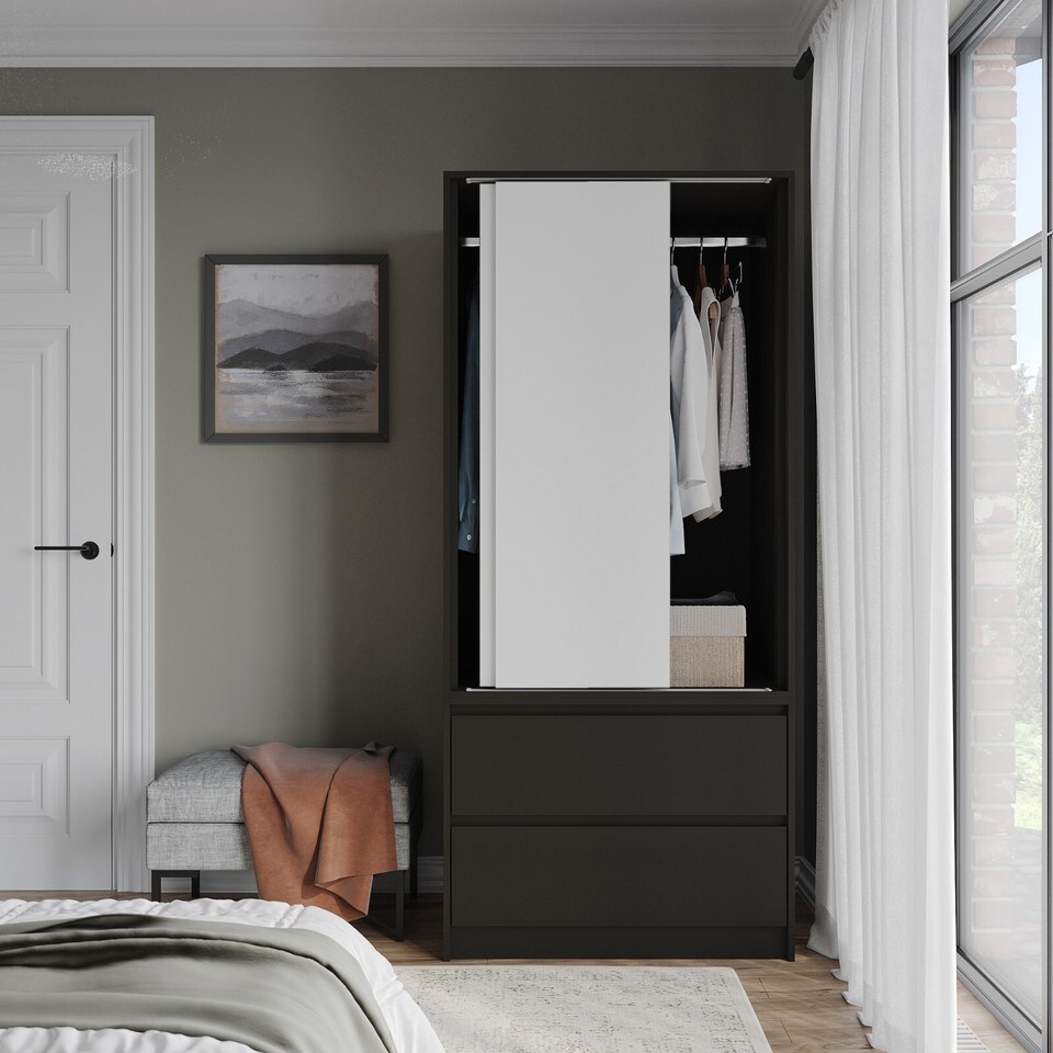 image 1 of URBNLIVING 2 Sliding Door Wardrobe With 2 Drawers And Hanging Rail | Black | White Doors | 1