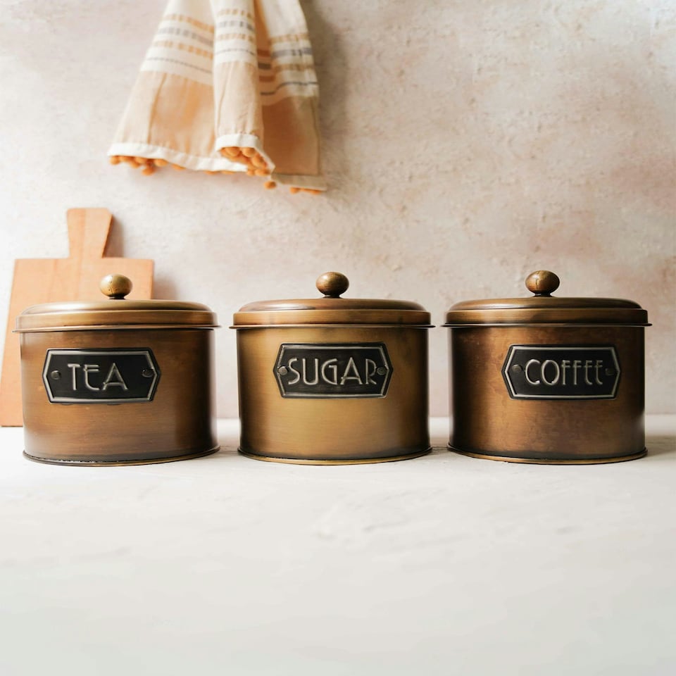 image 1 of Gold Coffee, Tea, And Sugar Canister Set - 17 cm (H) x 13 cm (Dia)