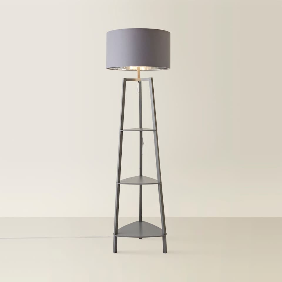 image 1 of ValueLights Hiru Grey 3 Tier Shelf Floor Lamp Grey Chrome Shade | Grey