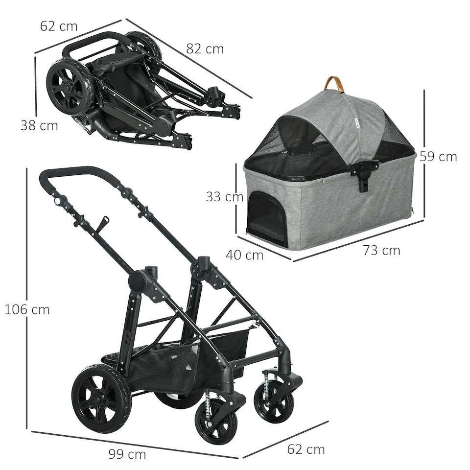 image 1 of PawHut Pet Stroller Foldable Dog Cat Travel Carrying Bag for Small Dogs