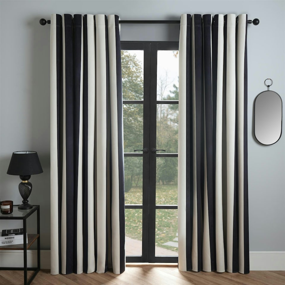 image 1 of OHS Stripe Print Thermal Blackout Eyelet Curtains, 90x90" - Black/White