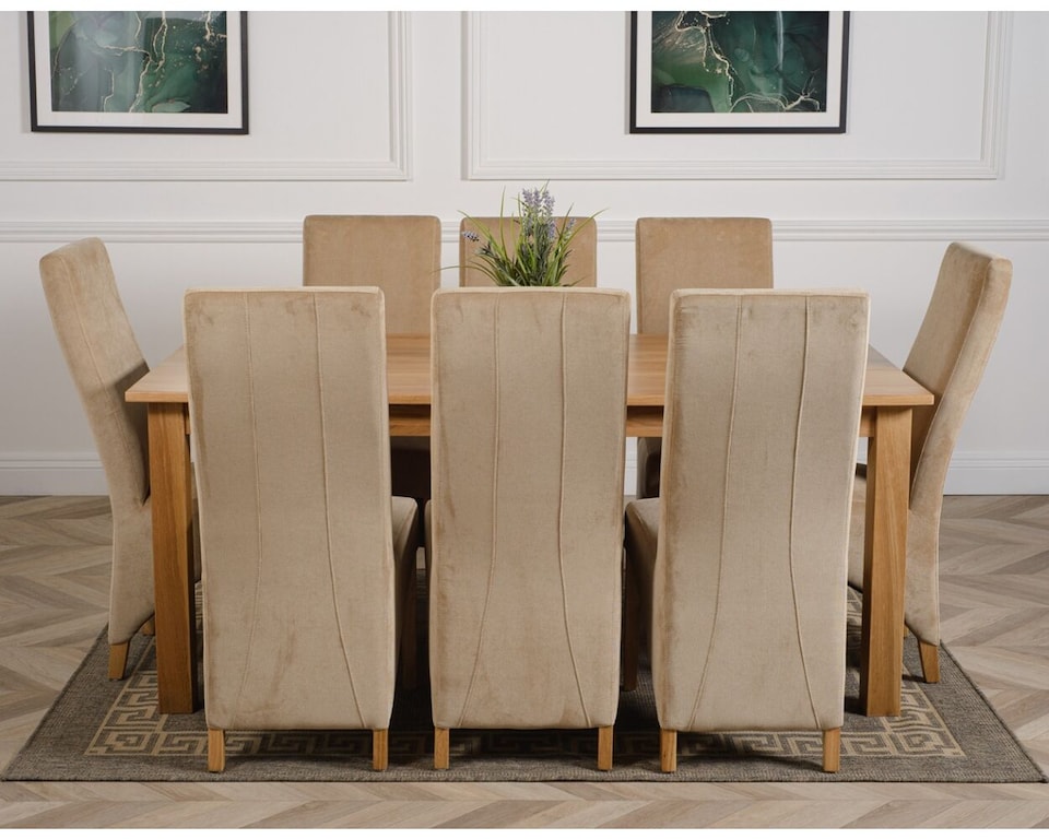 image 1 of Oslo 180 x 90 cm Large Oak Dining Table and 8 Lola Fabric Chairs | Brown | Beige