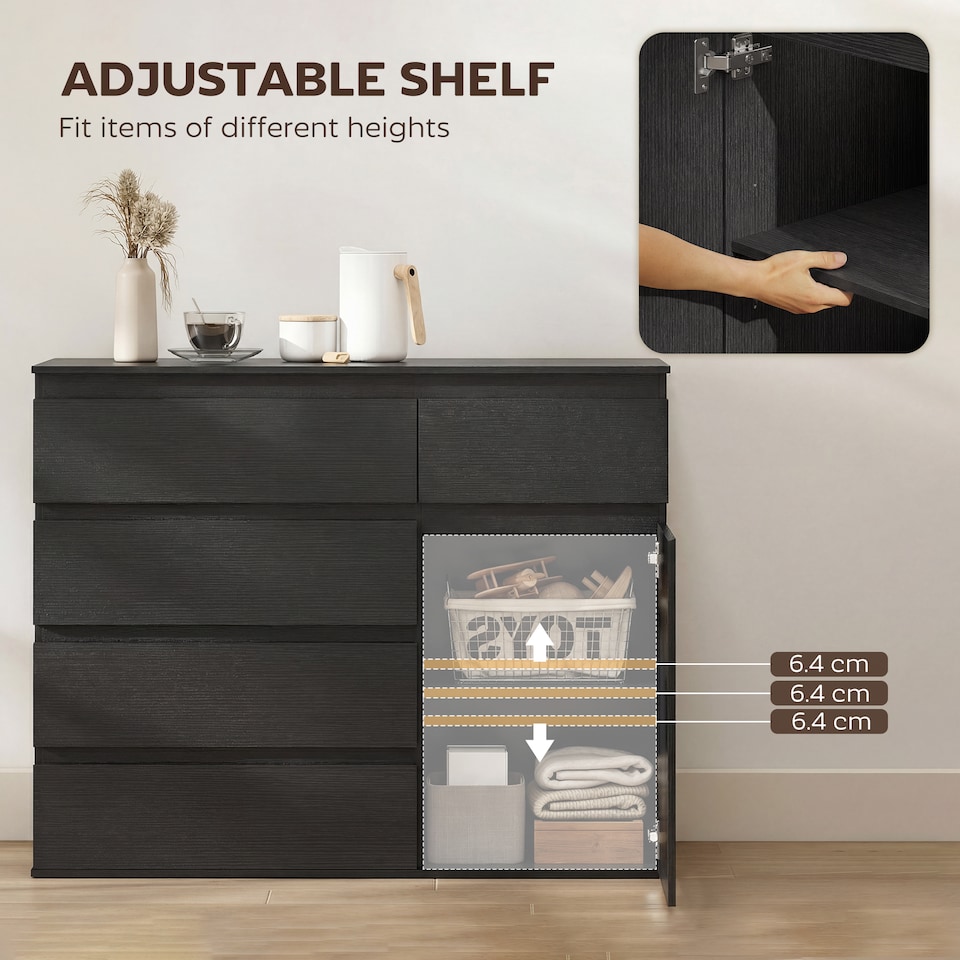 image 1 of HOMCOM Sideboard Storage Cabinet, Kitchen Cupboard with 5 Drawers | Black | Black embossed