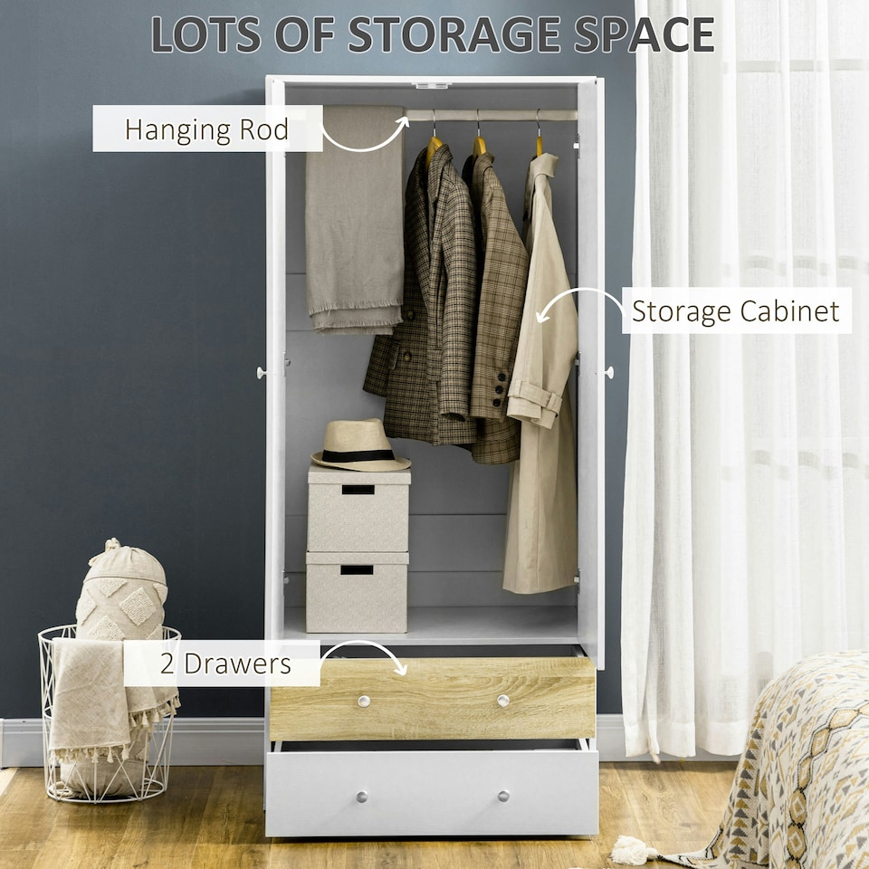 image 1 of HOMCOM 2 Door Wardrobe White Wardrobe with Drawers and Hanging Rod for Bedroom